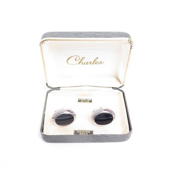 Vintage Black‎ Onyx Signed Sterling Silver Cufflinks Old Stock Original Box